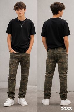 One Point One Boys Camouflage Skinny Jeans With Ribbed Detail & Pockets   0083